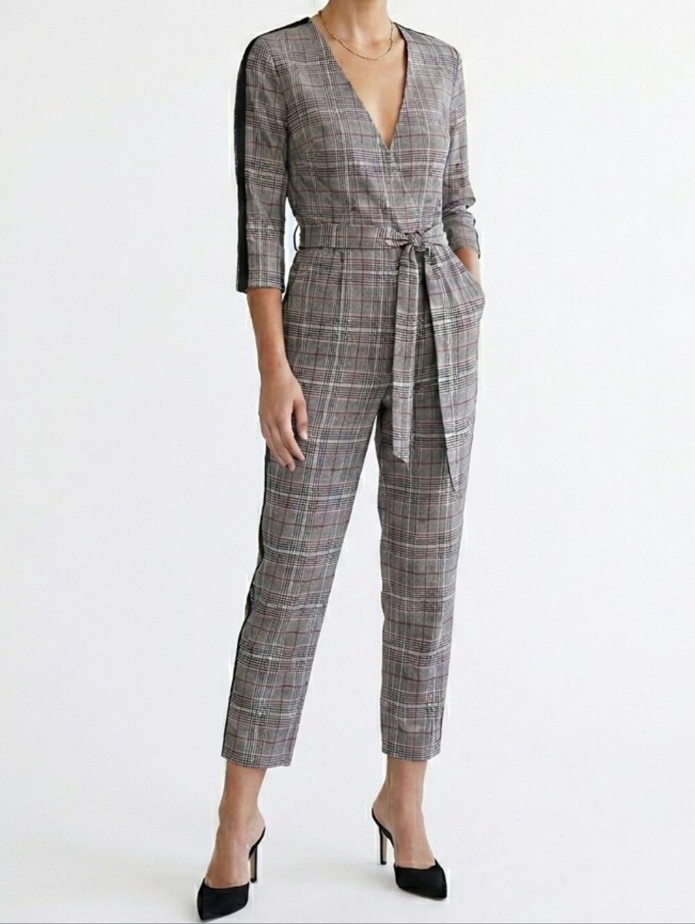 Anthropologie Solitaire Glen Plaid Jumpsuit Womens Size Small Black Belted Wrap